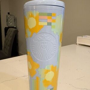 Starbucks Blue Tumbler with Yellow Floral Design